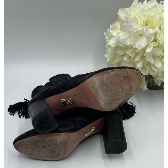 Aquazzura Firenze Black Gray Suede Tristan Fringe Ankle Bootie Tassel 37.5,Sz 7 - Picture 10 of 13